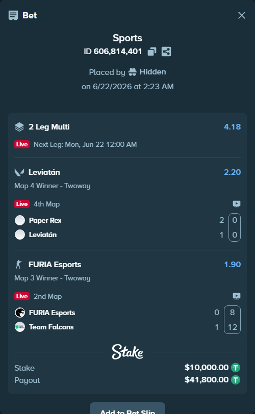 Bet slip: FURIA Esports - Team Falcons, $10,010.00 stake at 1.90 odds, placed by Hidden