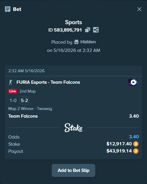 Bet slip: FURIA Esports - Team Falcons, $10,455.32 stake at 3.40 odds, placed by Hidden