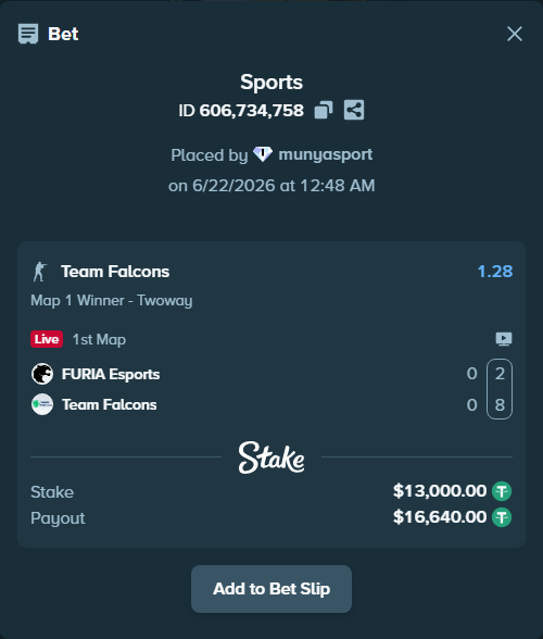 Bet slip: FURIA Esports - Team Falcons, $13,013.00 stake at 1.28 odds, placed by munyasport
