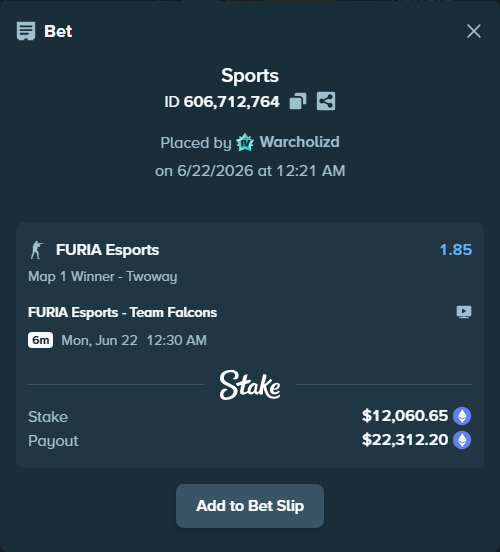Bet slip: FURIA Esports - Team Falcons, $13,317.43 stake at 1.85 odds, placed by Warcholizd