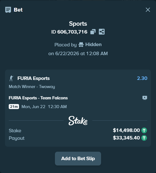 Bet slip: FURIA Esports - Team Falcons, $14,512.50 stake at 2.30 odds, placed by Hidden