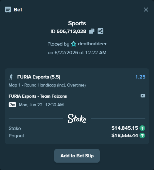 Bet slip: FURIA Esports - Team Falcons, $14,860.00 stake at 1.25 odds, placed by deathaddeer