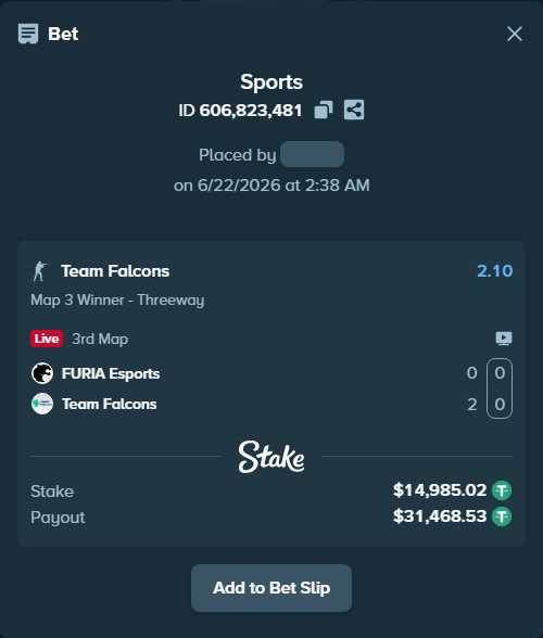 Bet slip: FURIA Esports - Team Falcons, $15,000.00 stake at 2.10 odds, placed by saszakoncza