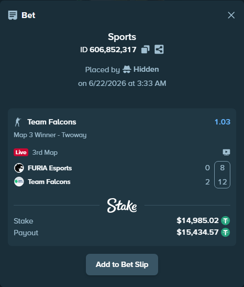 Bet slip: FURIA Esports - Team Falcons, $15,000.00 stake at 1.03 odds, placed by Hidden
