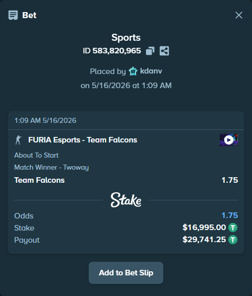 Bet slip: FURIA Esports - Team Falcons, $16,995.00 stake at 1.75 odds, placed by kdanv