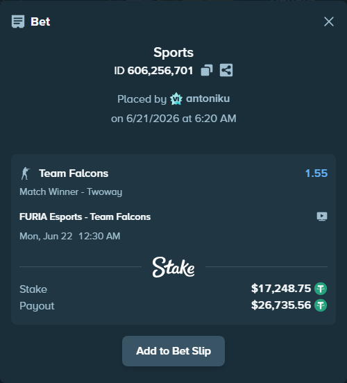 Bet slip: FURIA Esports - Team Falcons, $17,266.00 stake at 1.55 odds, placed by antoniku