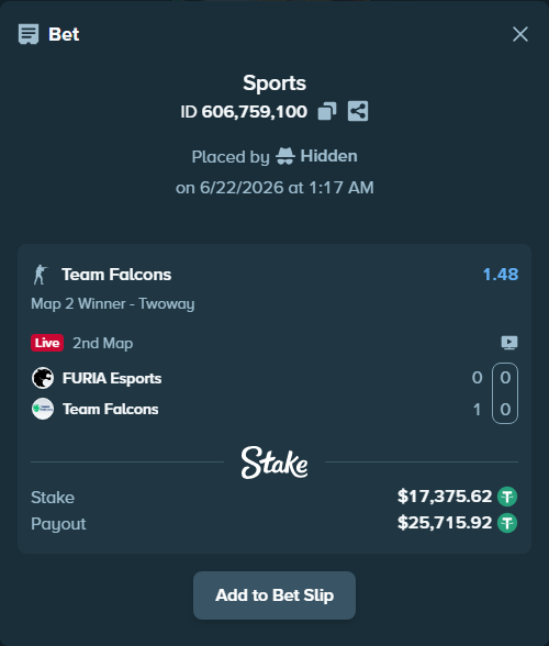 Bet slip: FURIA Esports - Team Falcons, $17,393.00 stake at 1.48 odds, placed by Hidden