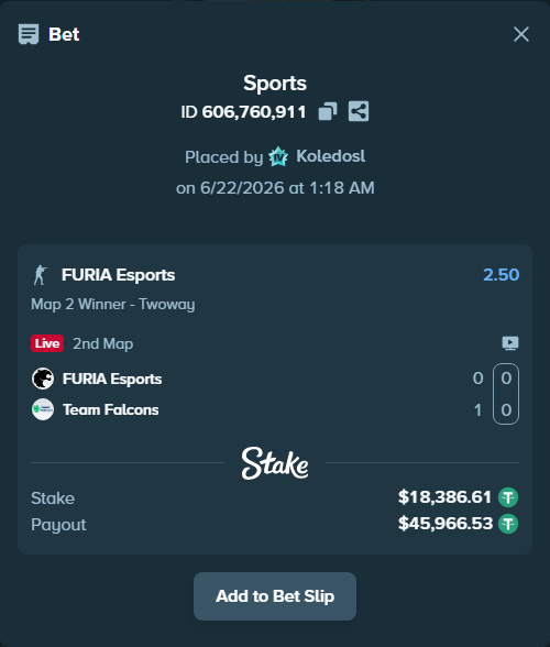 Bet slip: FURIA Esports - Team Falcons, $18,405.00 stake at 2.50 odds, placed by Koledosl