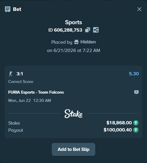 Bet slip: FURIA Esports - Team Falcons, $18,886.87 stake at 5.30 odds, placed by Hidden