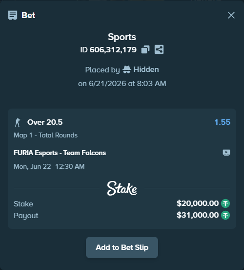 Bet slip: FURIA Esports - Team Falcons, $20,020.00 stake at 1.55 odds, placed by Hidden