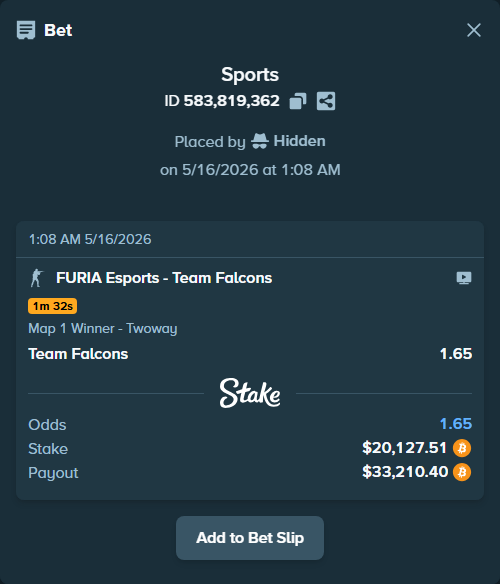 Bet slip: FURIA Esports - Team Falcons, $16,291.17 stake at 1.65 odds, placed by Hidden