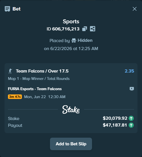 Bet slip: FURIA Esports - Team Falcons, $20,100.00 stake at 2.35 odds, placed by Hidden