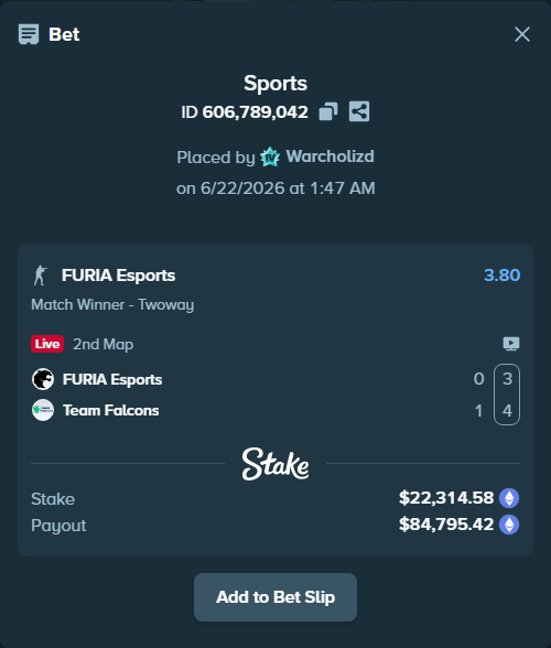Bet slip: FURIA Esports - Team Falcons, $24,576.20 stake at 3.80 odds, placed by Warcholizd