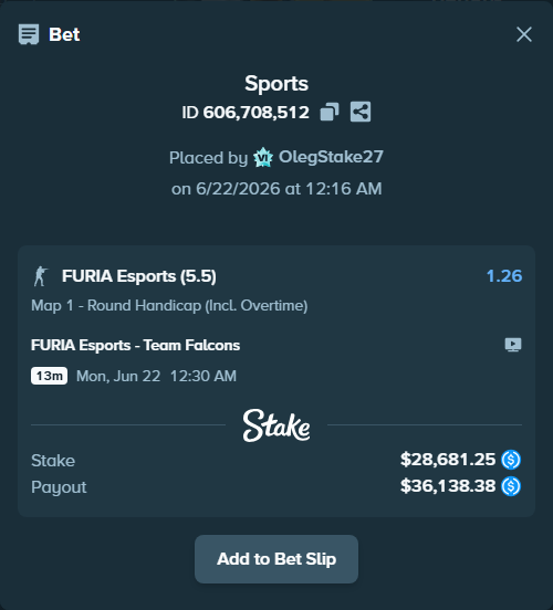Bet slip: FURIA Esports - Team Falcons, $28,681.25 stake at 1.26 odds, placed by OlegStake27