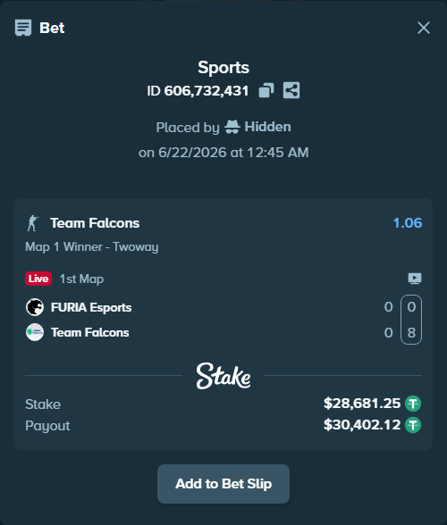 Bet slip: FURIA Esports - Team Falcons, $28,709.93 stake at 1.06 odds, placed by Hidden