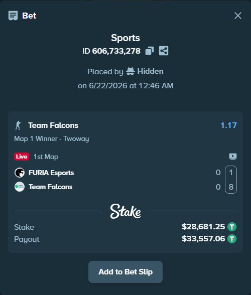 Bet slip: FURIA Esports - Team Falcons, $28,709.93 stake at 1.17 odds, placed by Hidden