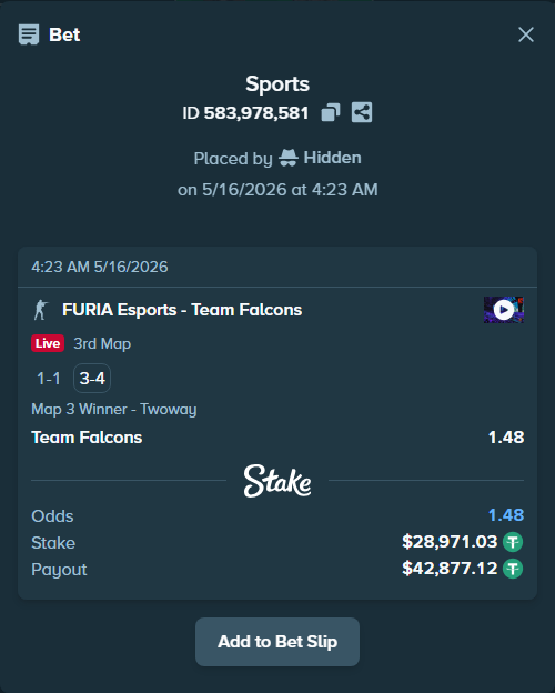 Bet slip: FURIA Esports - Team Falcons, $29,000.00 stake at 1.48 odds, placed by Hidden