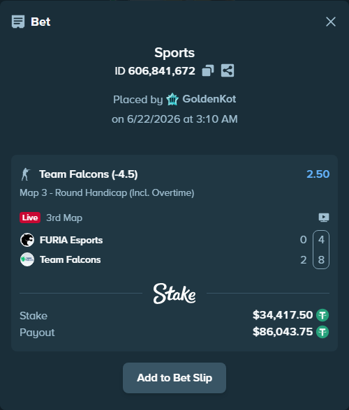 Bet slip: FURIA Esports - Team Falcons, $34,451.92 stake at 2.50 odds, placed by GoldenKot