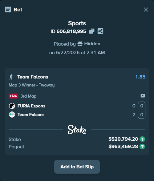 Bet slip: FURIA Esports - Team Falcons, $521,315.00 stake at 1.85 odds, placed by Hidden