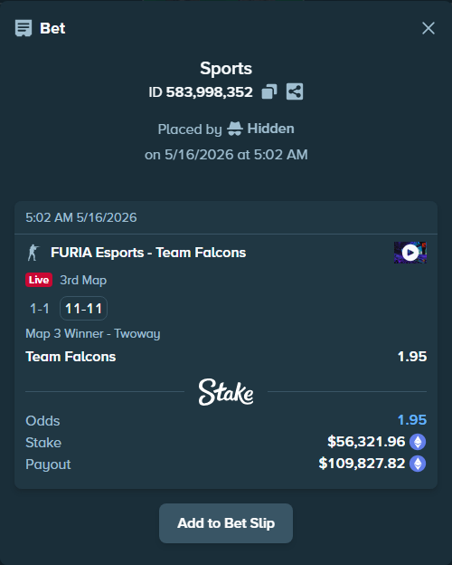 Bet slip: FURIA Esports - Team Falcons, $43,941.94 stake at 1.95 odds, placed by Hidden