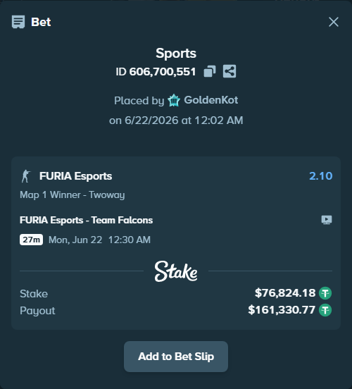Bet slip: FURIA Esports - Team Falcons, $76,901.00 stake at 2.10 odds, placed by GoldenKot