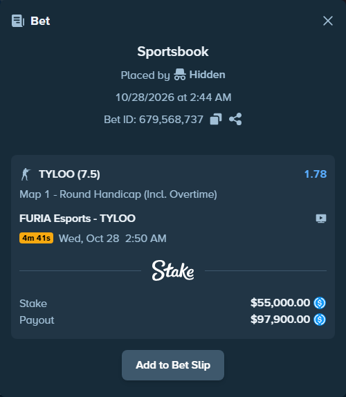 Bet slip: FURIA Esports - TYLOO, $55,000.00 stake at 1.78 odds, placed by Hidden