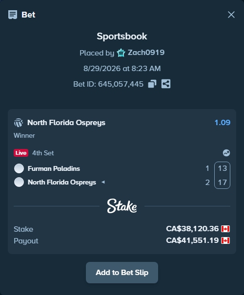Bet slip: Furman Paladins - North Florida Ospreys, $28,209.07 stake at 1.09 odds, placed by Zach0919