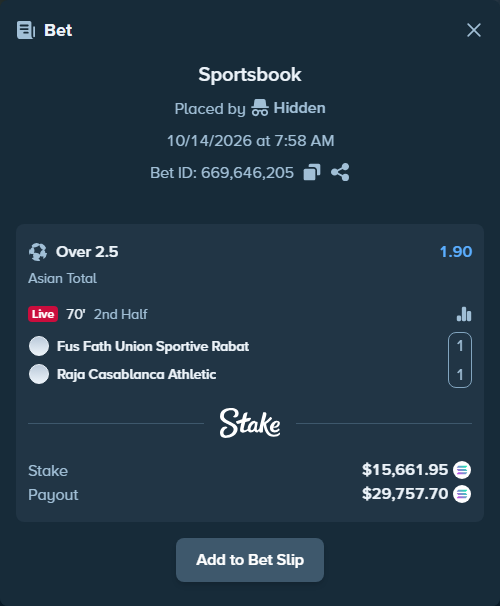 Bet slip: FUS Rabat - Raja Casablanca Athletic, $15,647.45 stake at 1.90 odds, placed by kenthimself
