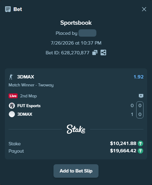 Bet slip: FUT Esports - 3DMAX, $10,241.88 stake at 1.92 odds, placed by antoniku