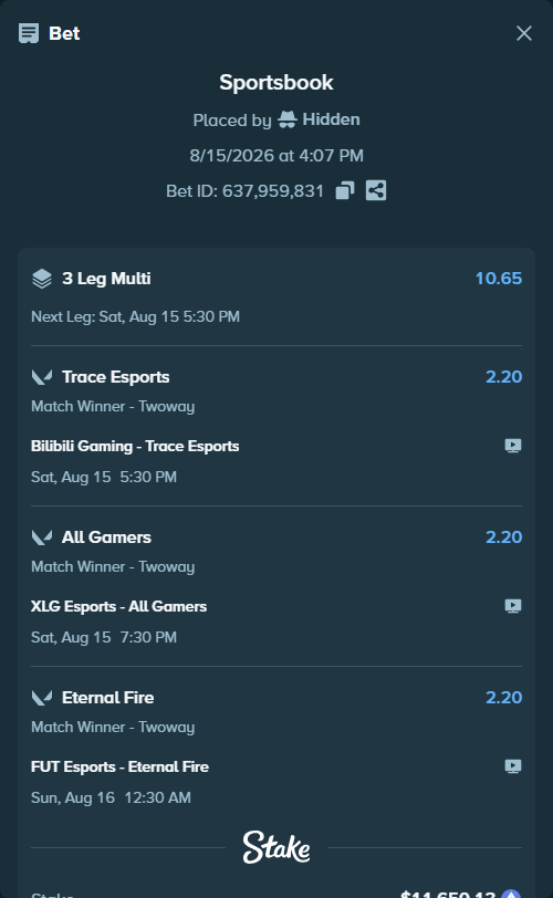 Bet slip: FUT Esports - Eternal Fire, $11,654.99 stake at 2.20 odds, placed by Hidden