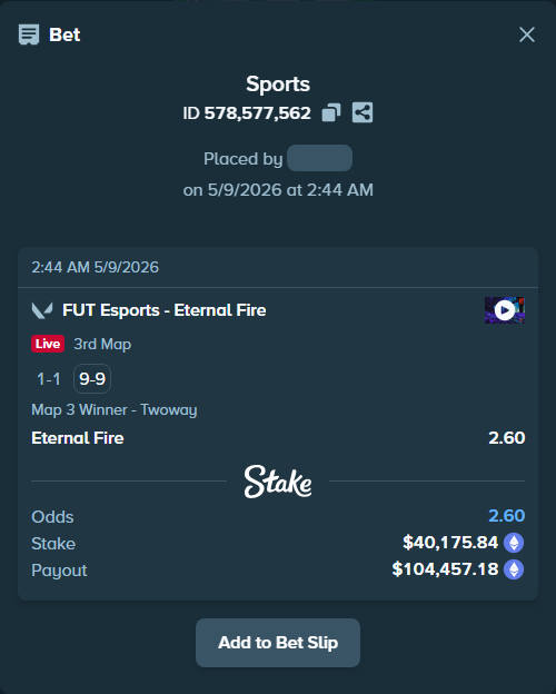 Bet slip: FUT Esports - Eternal Fire, $30,395.68 stake at 2.60 odds, placed by Cabrzy
