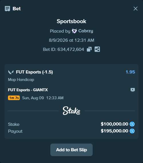 Bet slip: FUT Esports - GIANTX, $100,000.00 stake at 1.95 odds, placed by Cabrzy