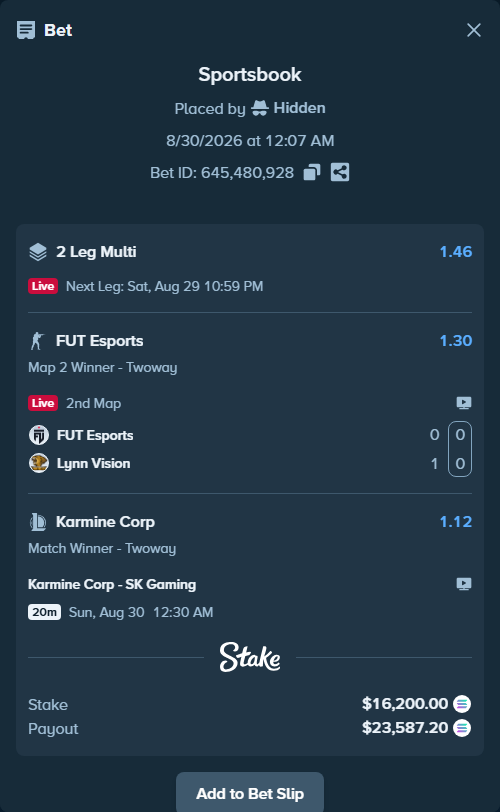 Bet slip: FUT Esports - Lynn Vision, $16,306.74 stake at 1.30 odds, placed by Hidden