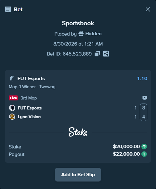 Bet slip: FUT Esports - Lynn Vision, $20,000.00 stake at 1.10 odds, placed by Hidden