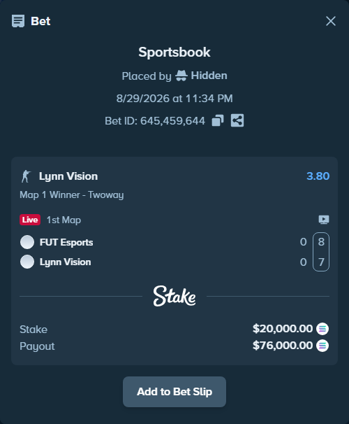 Bet slip: FUT Esports - Lynn Vision, $20,263.97 stake at 3.80 odds, placed by Hidden