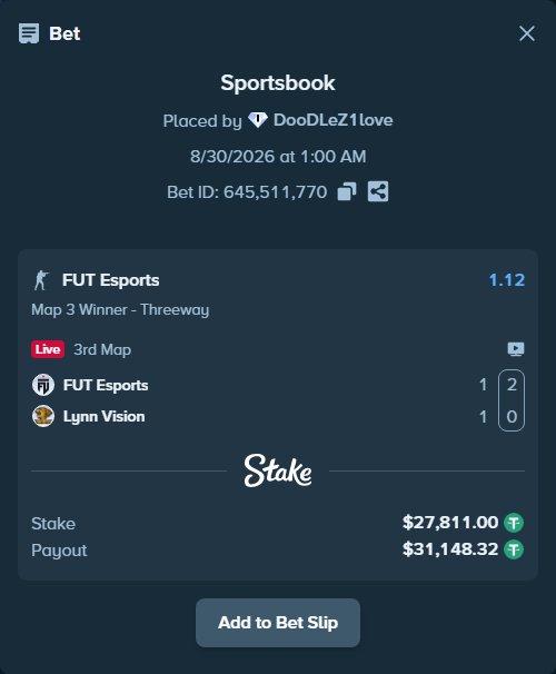 Bet slip: FUT Esports - Lynn Vision, $27,811.00 stake at 1.12 odds, placed by DooDLeZ1love