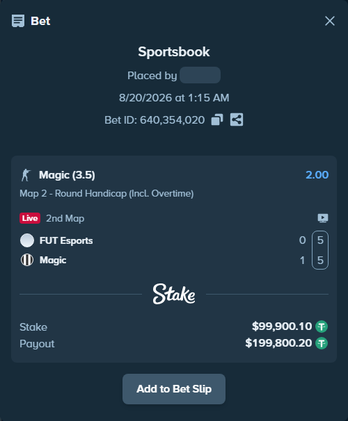 Bet slip: FUT Esports - Magic, $100,000.00 stake at 2.00 odds, placed by GoldenKot