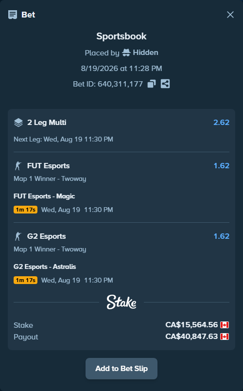 Bet slip: FUT Esports - Magic, $11,517.77 stake at 1.62 odds, placed by Hidden
