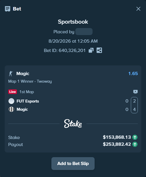 Bet slip: FUT Esports - Magic, $154,022.00 stake at 1.65 odds, placed by GoldenKot