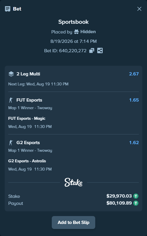 Bet slip: FUT Esports - Magic, $30,000.00 stake at 1.65 odds, placed by Hidden