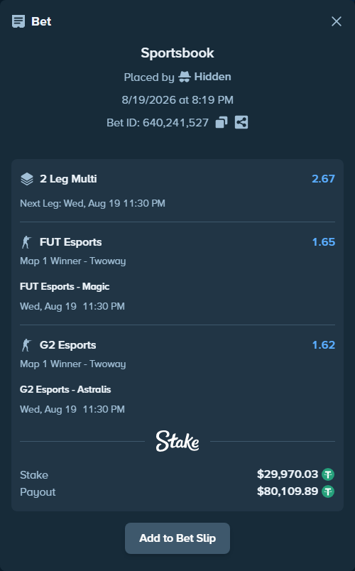 Bet slip: FUT Esports - Magic, $30,000.00 stake at 1.65 odds, placed by Hidden