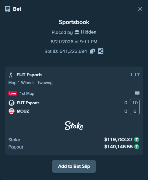 Bet slip: FUT Esports - MOUZ, $119,783.37 stake at 1.17 odds, placed by BashirGoldenDr