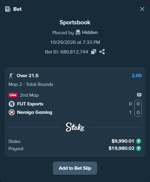 Bet slip: FUT Esports - Nemiga Gaming, $10,000.00 stake at 2.00 odds, placed by Mishsupport