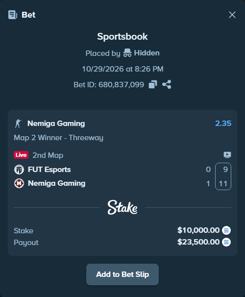 Bet slip: FUT Esports - Nemiga Gaming, $10,035.95 stake at 2.35 odds, placed by AustinAlgamus