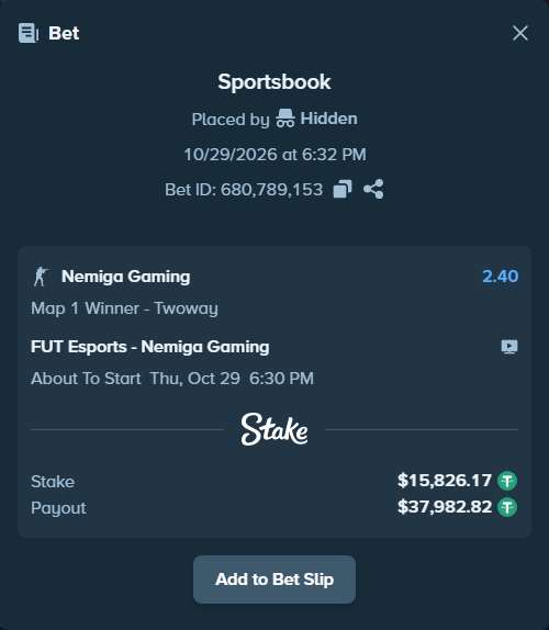 Bet slip: FUT Esports - Nemiga Gaming, $15,842.00 stake at 2.40 odds, placed by Hidden
