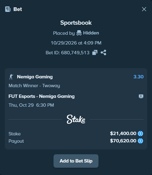 Bet slip: FUT Esports - Nemiga Gaming, $21,400.00 stake at 3.30 odds, placed by Hidden