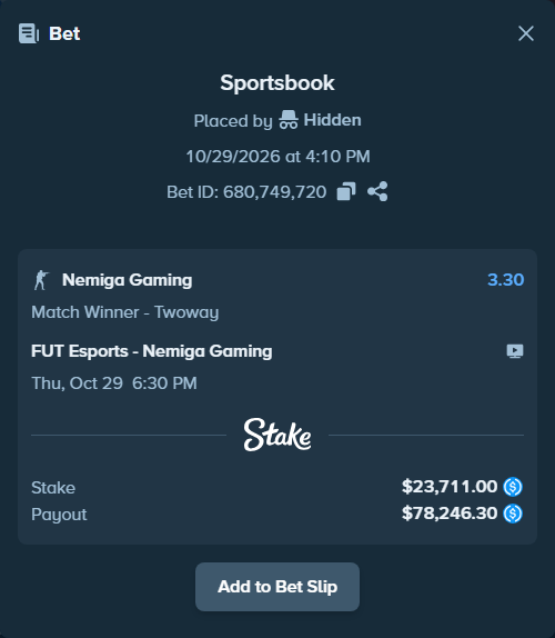 Bet slip: FUT Esports - Nemiga Gaming, $23,711.00 stake at 3.30 odds, placed by Hidden