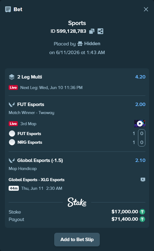 Bet slip: FUT Esports - NRG Esports, $17,017.00 stake at 2.00 odds, placed by Hidden
