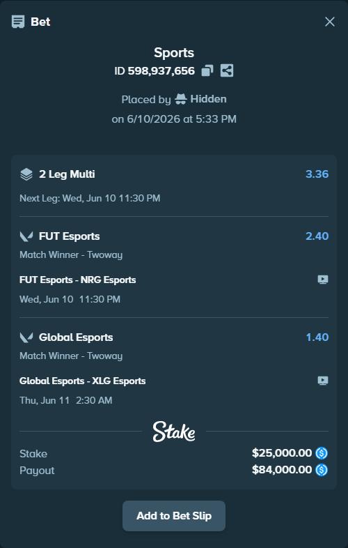 Bet slip: FUT Esports - NRG Esports, $25,000.00 stake at 2.40 odds, placed by Hidden