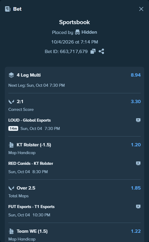Bet slip: FUT Esports - T1 Esports, $210,000.00 stake at 1.85 odds, placed by Hidden
